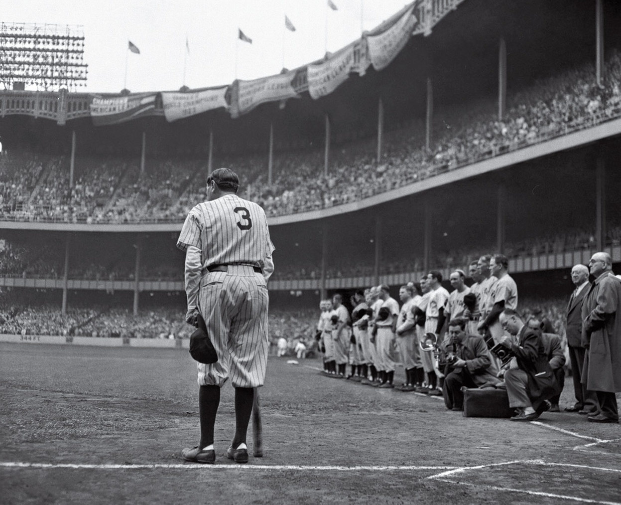 A black and white photo of Babe Ruth